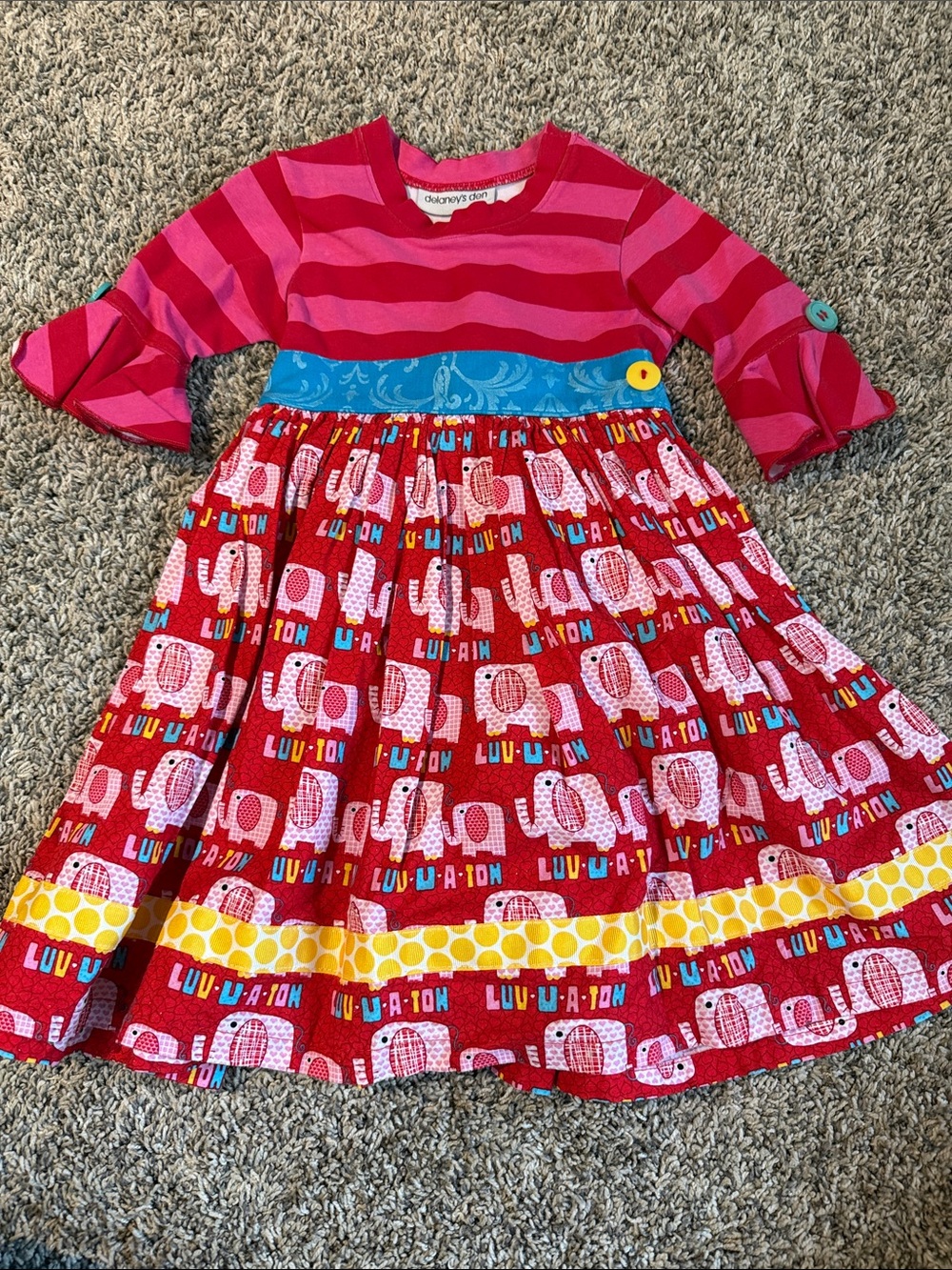 Bright Red & Pink Elephant Print Girls' Casual Dress with Blue Waistband